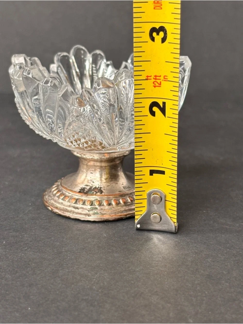 Vintage Lotus Cut Glass Open Salt Cellar -Pedestal Silver-Plated Base